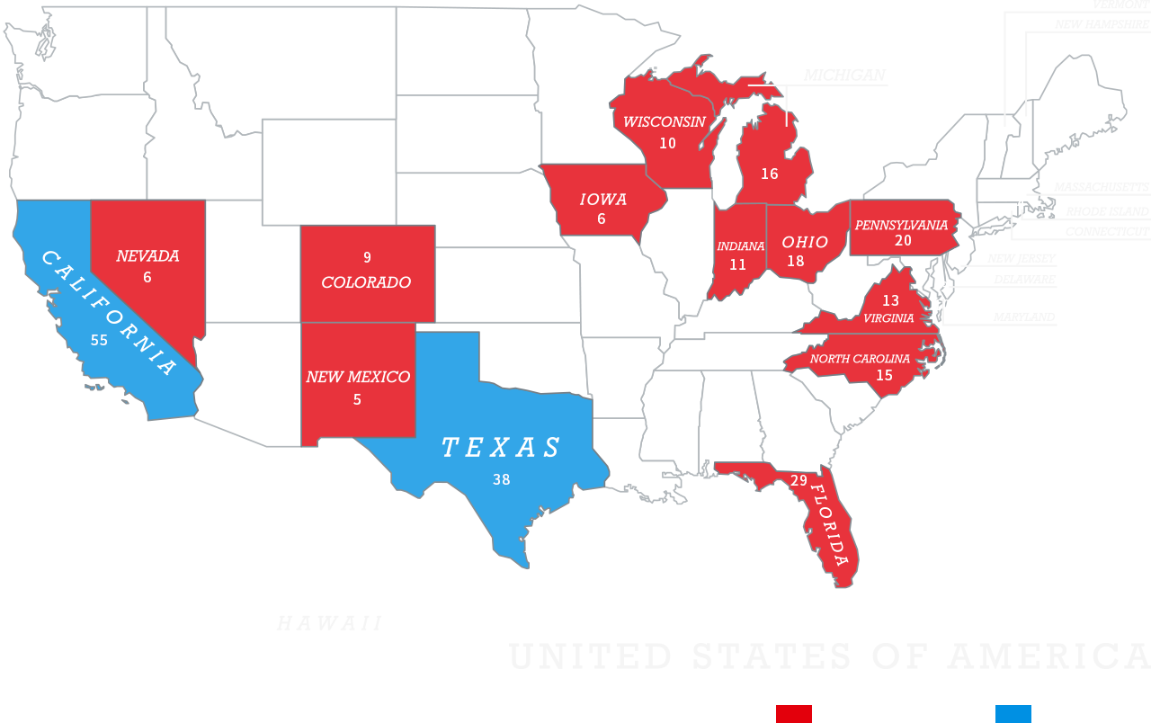 大統領選に大きな影響がある激戦州（スイングステート）と選挙人の分配数